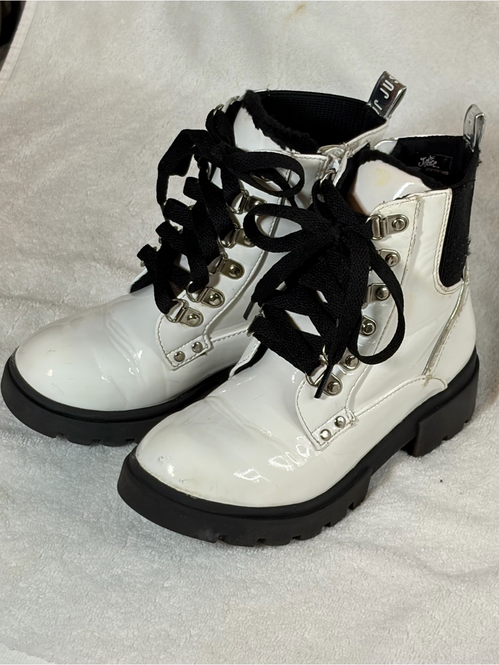 Justice White Patent Lace-Up Combat Boots with Black Laces